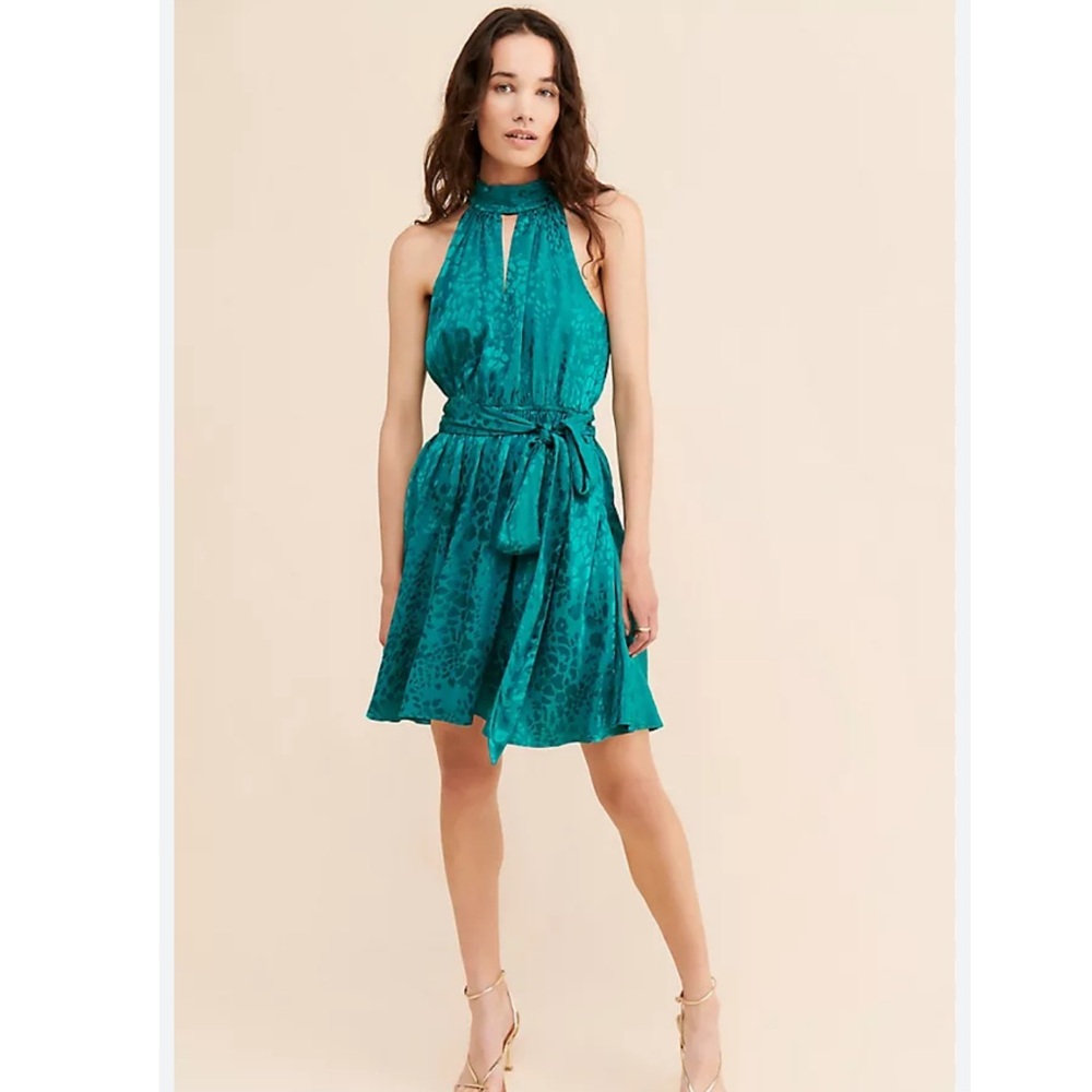 Anthropologie Halter Neck Mini Dress Size 1X Teal Pockets Party MSRP $160‎